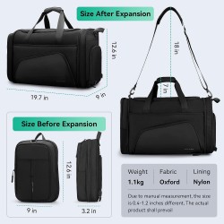 Gym Bag for Men, 38L Foldable Bag with Anti-collapse Base Board and Shoes Compartment, Waterproof Black