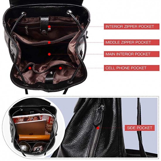Genuine Leather Backpack for Women Elegant Ladies Travel Shoulder Bag Black