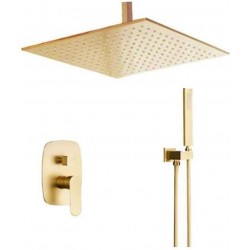 Brushed Gold Bathroom Brass 12 Inch Ceiling Mount Rain Mixer Rainfall Shower Faucet System Combo Set