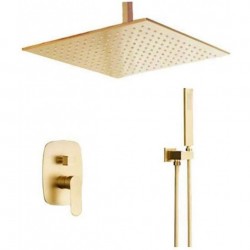 Brushed Gold Bathroom Brass 12 Inch Ceiling Mount Rain Mixer Rainfall Shower Faucet System Combo Set