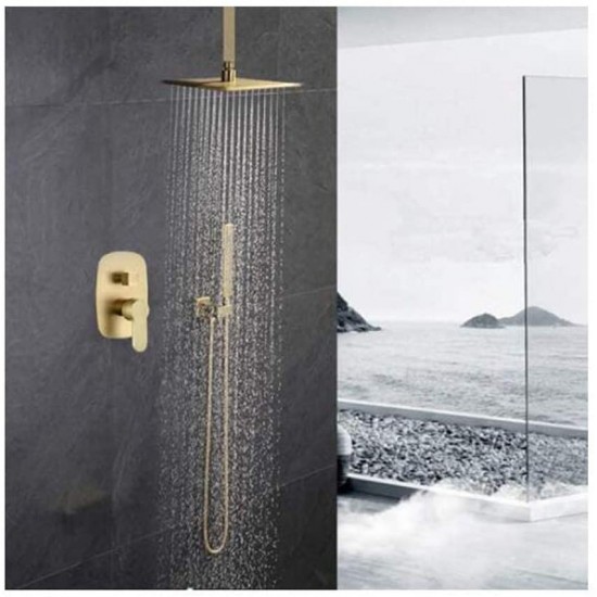 Bathroom Brass 12 Inch Ceiling Mount Rain Mixer Rainfall Shower Faucet System Combo Set Brushed Gold